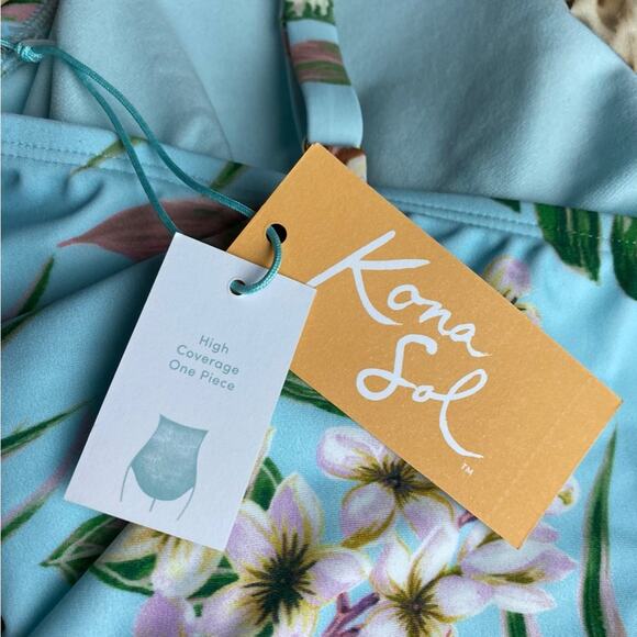 Kona Sol Wrap Front  Light Blue Floral One Piece Size L NWT - Picture 8 of 11